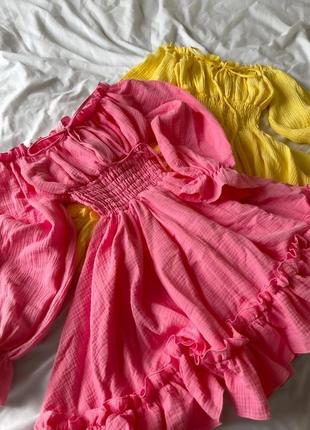 Женское летнее романтичное розовое муслиновое короткое платье мини муслин6 фото