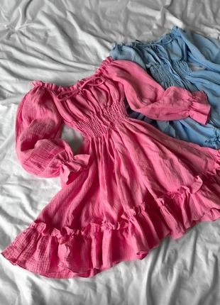 Женское летнее романтичное розовое муслиновое короткое платье мини муслин7 фото