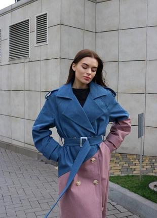 Комбинированный тренчкот плащ с поясом джинс котон