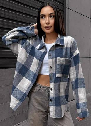 Рубашка женская оверсайз в клетку на пуговицах с карманом качественная повседневная синяя шоколад
