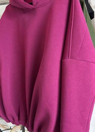 Худи женское оверсайз теплое на флисе оверсайз с капишоном на затяжках свободного кроя качественное стильное повседневное марсала хаки4 фото