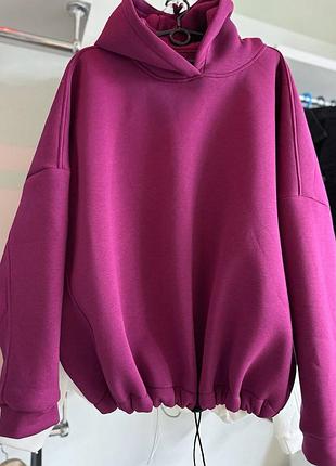 Худи женское оверсайз теплое на флисе оверсайз с капишоном на затяжках свободного кроя качественное стильное повседневное марсала хаки3 фото