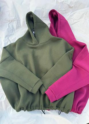 Худи женское оверсайз теплое на флисе оверсайз с капишоном на затяжках свободного кроя качественное стильное повседневное марсала хаки5 фото