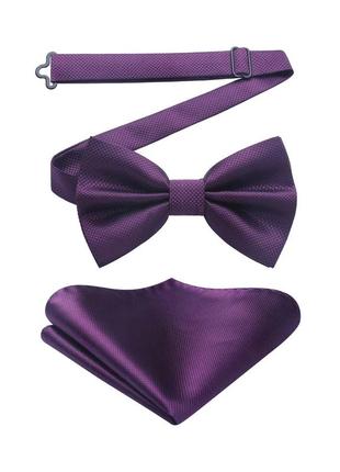 Однотонна краватка-метелик і нагрудна хустка із зав'язками - p-purple 2