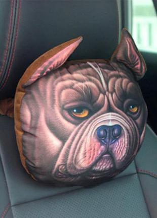 Подушка-підголівник собака американський бульдог для машини, автокрісла, м'яка 3d подушка для автомобіля