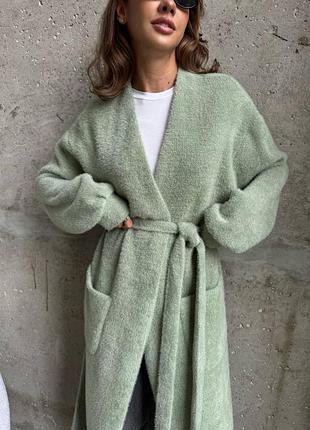 Теплый кардиган с поясом ворс