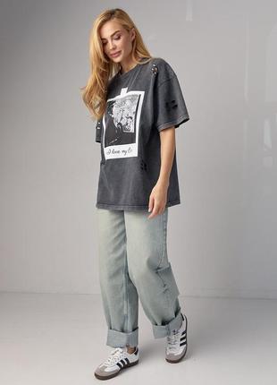 Хлопковая женская трикотажная футболка в стиле grunge темно серая5 фото