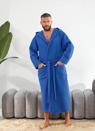 Вафельный длинный халат унисекс на запах с капюшоном с поясом с широкими рукавами с карманами