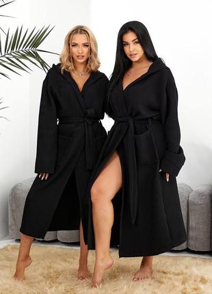 Вафельный длинный халат унисекс на запах с капюшоном с поясом с широкими рукавами с карманами