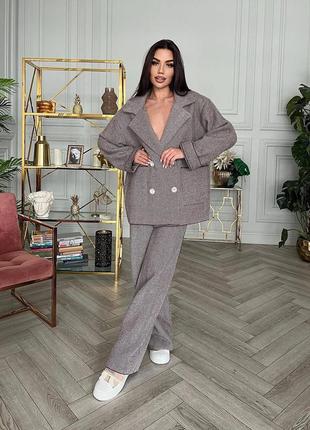 Костюм женский кашемировый оверсайз пиджак на пуговицах с карманами брюки свободного кроя...