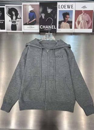 Кофта в стиле gucci на застежке серые с капюшоном