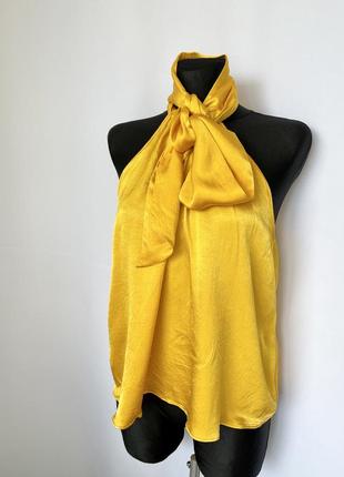 Zara топ желтый горчичный халтер с бантом вискоза сатиновый атласный блуза нарядная2 фото