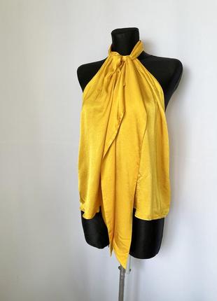 Zara топ желтый горчичный халтер с бантом вискоза сатиновый атласный блуза нарядная5 фото