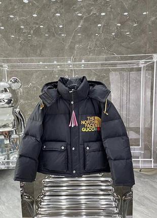 Куртка зима в стилі gucci & the north face чорна з капюшоном