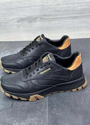 Мужские кожаные кроссовки reebok черные натуральная кожа