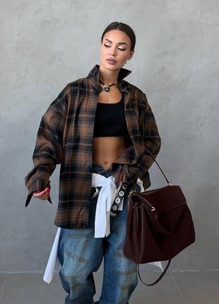 Рубашка в стиле balenciaga клеточку коричневая шоколад удлиненная