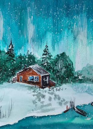 Картина акварель «северное сияние», картина в подарок, акварельный пейзаж, купить картину