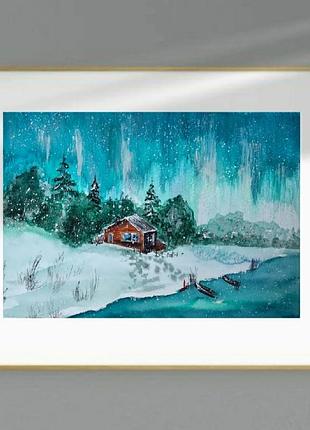 Картина акварель «северное сияние», картина в подарок, акварельный пейзаж, купить картину