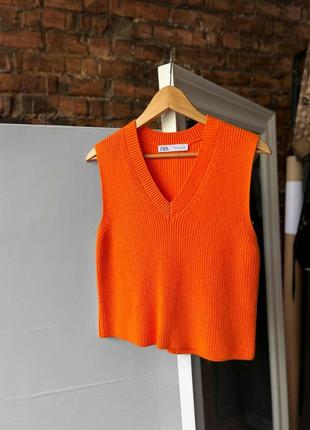 Zara women’s sleeveless orange ribbed knit vest top жіноча безрукавка, жилетка, топ1 фото