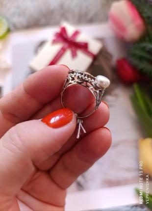 Серебряная кольца 💍 с золотом, фианитами и жемчужиной 💎7 фото