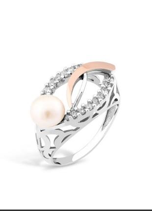 Серебряная кольца 💍 с золотом, фианитами и жемчужиной 💎8 фото