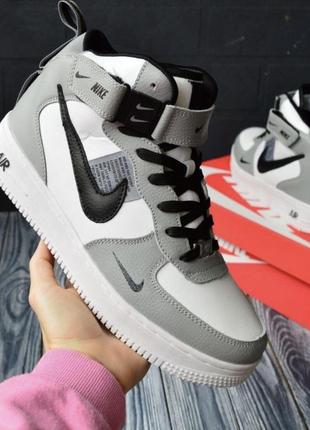 Зимові кросівки nike air force 1 mid utility  white grey высокие кроссовки на липучке найк форс белые с серым