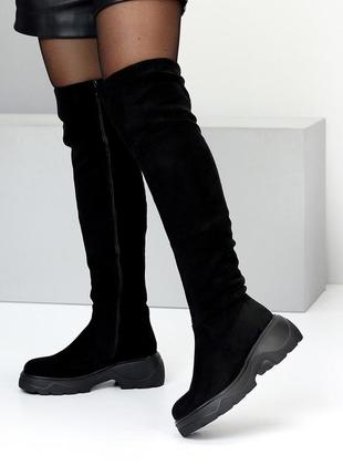 Повсякденні жіночі чорні ботфорти зимові чоботи панчохи теплі на хутрі еко-замша зима