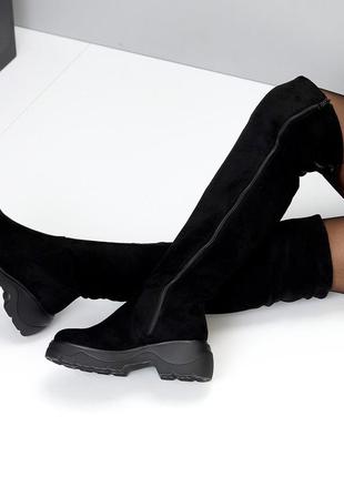 Повсякденні жіночі чорні ботфорти зимові чоботи панчохи теплі на хутрі еко-замша зима