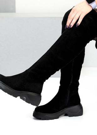 Повсякденні жіночі чорні ботфорти зимові чоботи панчохи теплі на хутрі еко-замша зима