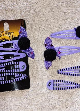 Заколки заколки для волос с летучими мышками на хелловин карнавал новый год для девочки фиолетовые оранжевые сиреневые черные