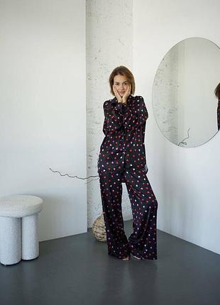 Amore 20859 чорна сатинова піжама оверсайз з сердечками