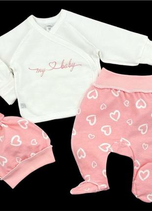 Комплект 3в1: сорочечка, шапочка, повзуни "сердечки", футер тм “mario kids” (56 см) (сорочечка з повзунками та