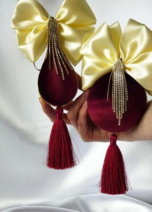 Набор новогодних игрушек марсала+кремовый со стразами