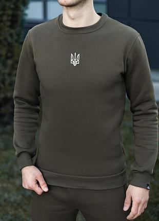 Свитшот pobedov зимний цвета хаки с белым трезубцем