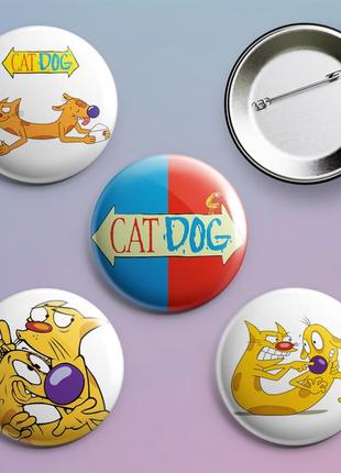 Закатні значки з принтом котопес catdog металеві на шпильці 56 мм х 4 штуки