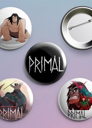 Закатні значки з принтом первісний primal металеві на шпильці 56 мм х 4 штуки