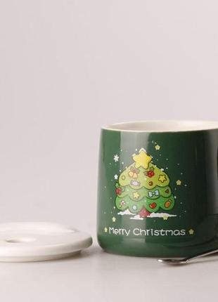 Керамічна чашка 400 мл merry christmas з кришкою і ложкою зелений2 фото