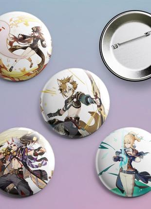 Закатные значки с принтом игры геншин импакт genshin impact металлические на булавке 56 мм х 4 штуки