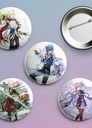 Закатные значки с принтом игры геншин импакт genshin impact металлические на булавке 56 мм х 4 штуки