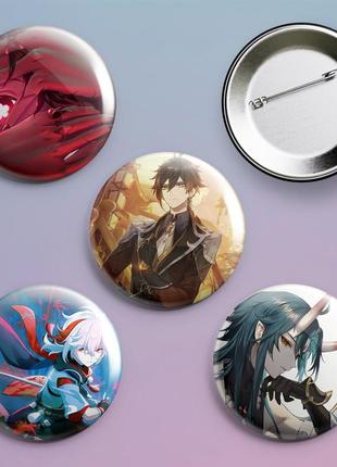 Закатные значки с принтом игры геншин импакт genshin impact металлические на булавке 56 мм х 4 штуки