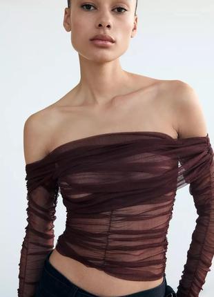 Напівпрозорий драпірований топ жіночий коричневий zara new