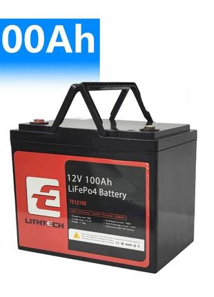 Акумулятор lithtech lifepo4 12v 100ah 1280wh із вбудованим bms. літієва портативна батарея.