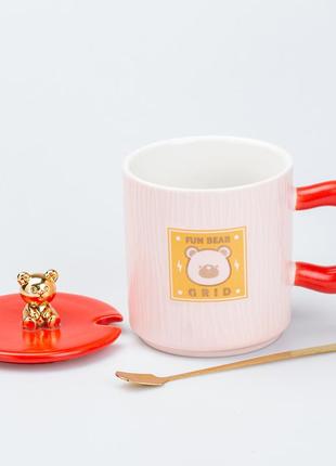 Чашка с крышкой и ложкой 300 мл керамическая "медвежонок" розовая