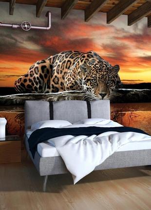 Флізелінові фотошпалери 3д тварини кішки ягуар 416x254 см відображення леопарда у воді (126vexxxl)+клей