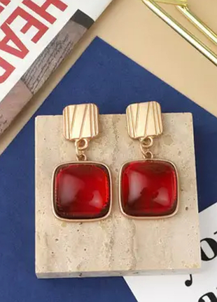 Серьги квадраты матовый металл бордовые вставки