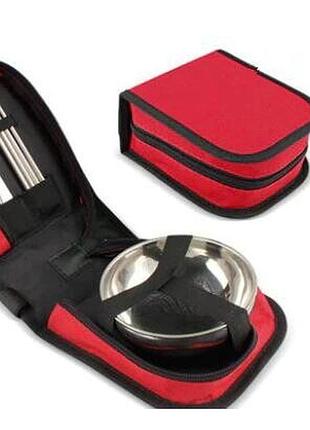 Туристичний набір посуду в сумці на 1 персону, набір посуду для пікніка з нержавіючої сталі