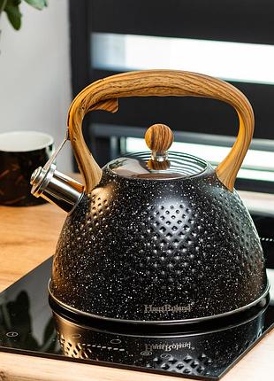 Чайник із свистком 3 л з дерев'яною ручкою, чорний, товсте дно