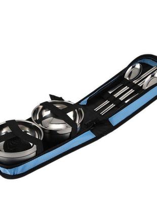 Туристичний набір посуду у сумці на 2 особи, набір посуду для пікніка з нержавіючої сталі