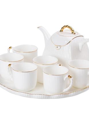 Чайный набор на 6 персон, с заварочным чайником и подставкой, белый.