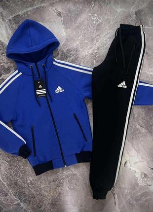 Утепленный детский спортивный костюм adidas на мальчика подростка, синий комплект адидас флис на змейке 10-14л